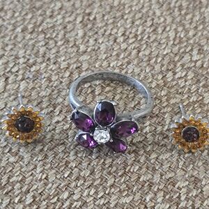 Macy's Purple Silver Floral Ring Sunflower Stud Earrings Set Size 6 New